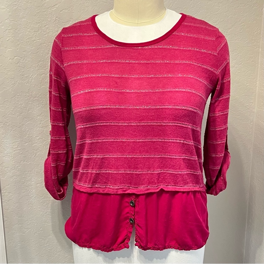Kaktus | Pink with Silver Stripe Rollup Sleeve Sweater Top Made in Italy